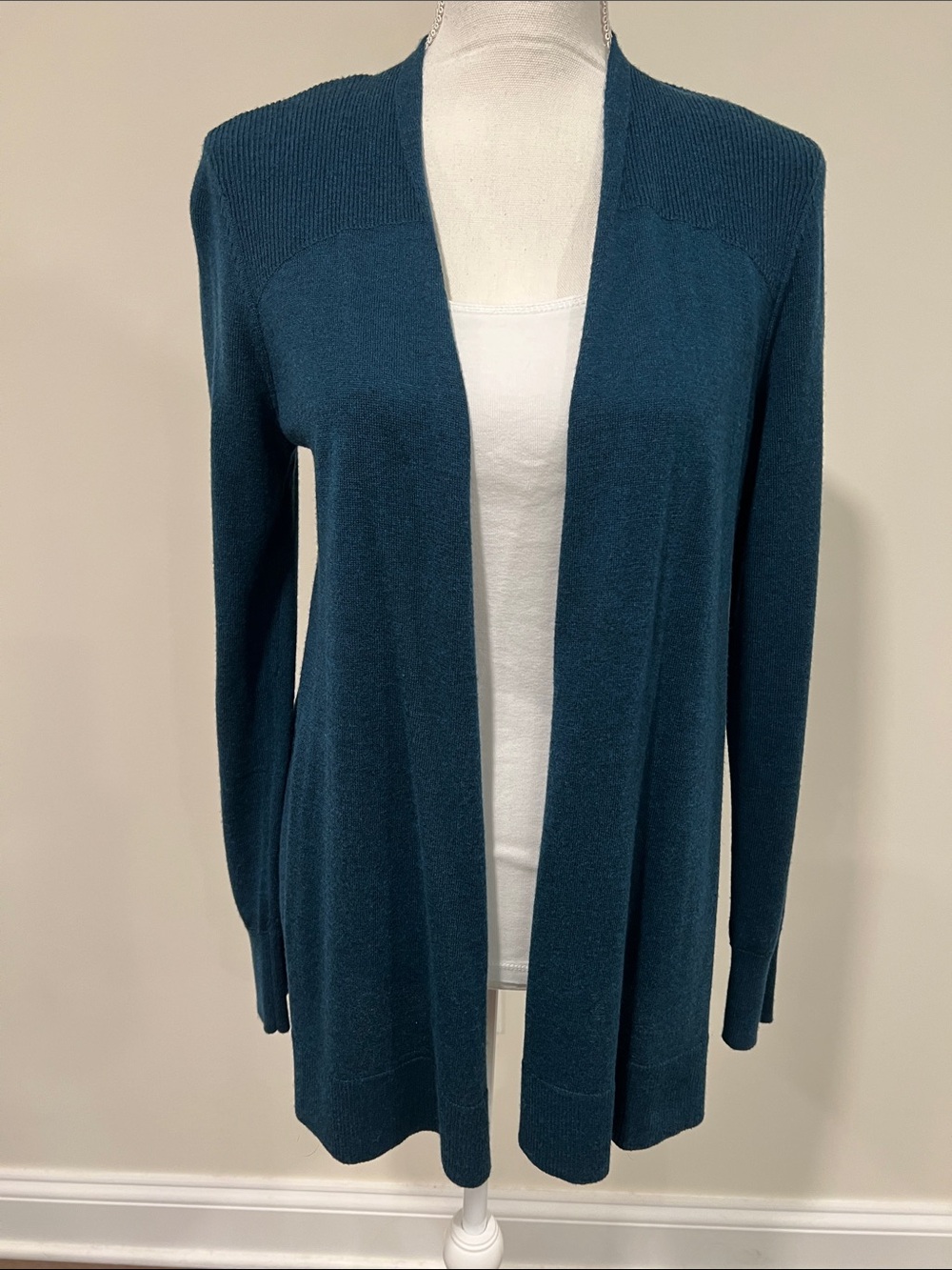 LOFT Teal Open-Front Rib-Yoke Cardigan Size XS